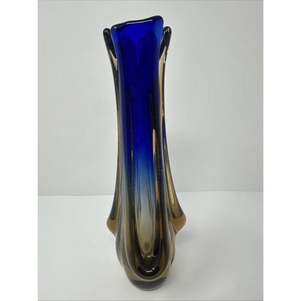 Vintage Murano? Style Sommerso MCM Blue & Amber Submerged Art Glass Vase